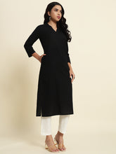 Thread Plus Cotton Flax Straight Kurti In Black Color For Women